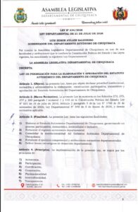 El Pleno aprobó y sancionó la Ley Departamental de Priorización para la Elaboración y Aprobación del Estatuto Autonómico de Chuquisaca, culminando su tratamiento legislativo con el respaldo de más de dos tercios de los votos.